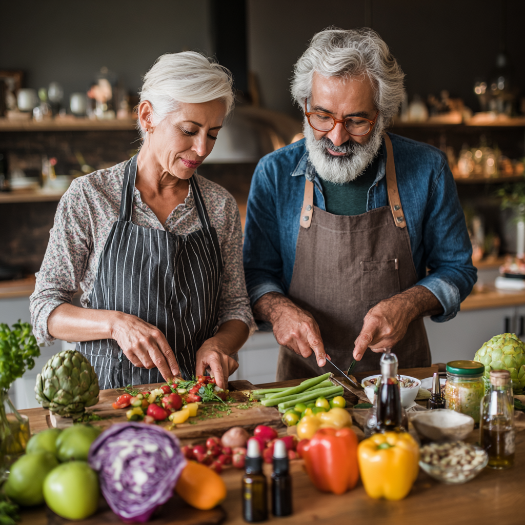 Middle-aged adults practicing holistic wellness including healthy eating and natural lifestyle