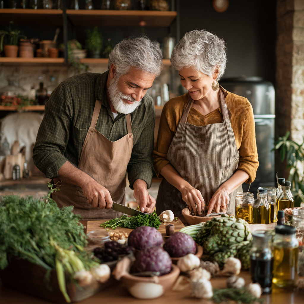 Middle-aged adults preparing healthy natural food with vegetables and herbs for immune system support